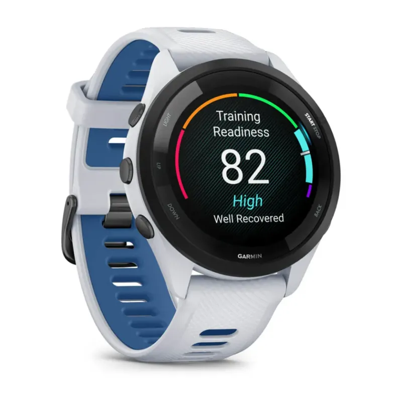 Garmin Forerunner 265 Black Bezel with Whitestone Case and Whitestone/Tidal Blue Silicone 